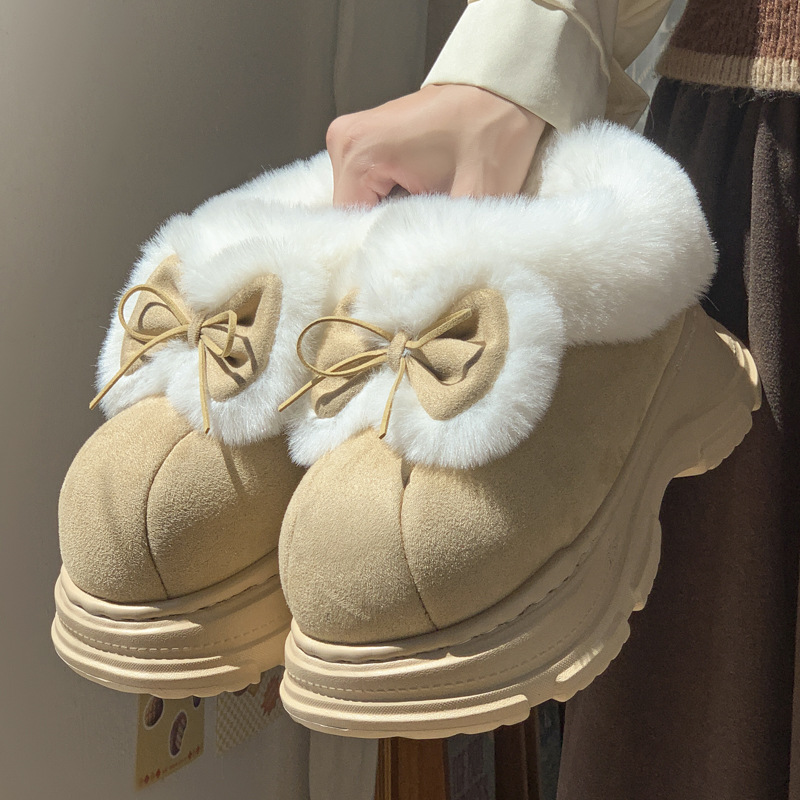 Winter Boot Insulated - รองเท้าแตะขนเฟอร์เทียมอุ่นๆ สำหรับผู้หญิง รองเท้าส้นตึกสำหรับฤดูหนาว พื้นนุ่มหนา น่ารัก มีโบว์