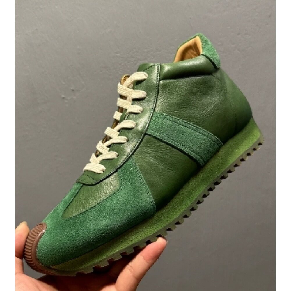 Men'S Shoes Green And White - รองเท้าผ้าใบหุ้มข้อสูงหนังสีเขียวสไตล์เรโทร พร้อมเชือกรองเท้าสีขาวนวลและพื้นรองเท้าทำจากยาง ดีไซน์ทันสมัยและสวมใส่สบาย