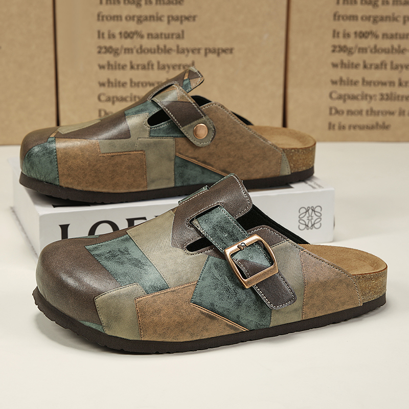 Men Shoes On Sale - รองเท้าแตะแบบสวมเปิดส้นหนังแฟชั่น พร้อมสายรัดปรับได้ พื้นรองเท้าแบบไม่มีส้น ทำจากไม้ก๊อก สำหรับทุกเพศ