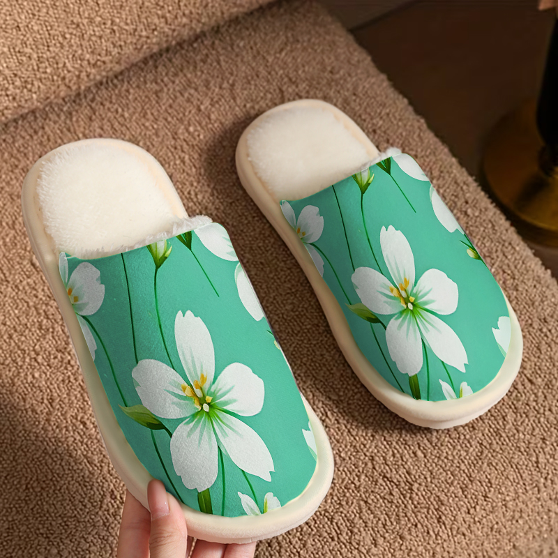 Men'S Shoes Green And White - รองเท้าแตะหรูหราสีขาวเขียวลายดอกไม้สำหรับผู้ชายและผู้หญิง รองเท้าใส่ในบ้านฤดูหนาวที่อบอุ่น นุ่มและน้ำหนักเบา เหมาะสำหรับใส่ในห้องนอน