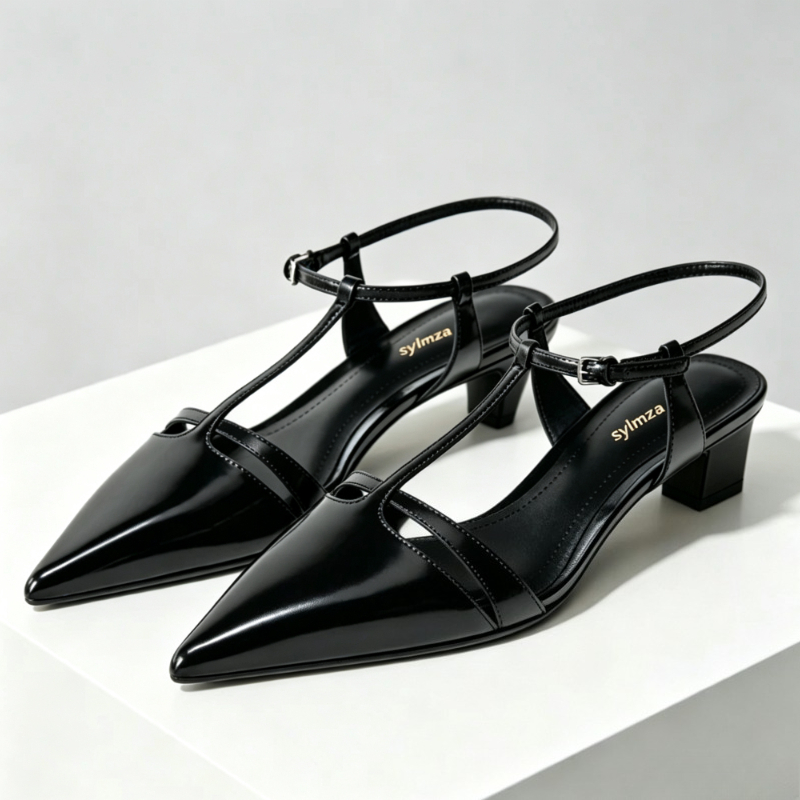 Dress Shoe Pointed - รองเท้าส้นสูงแบบคิทเทนฮีลหนังแก้วสำหรับผู้หญิง ดีไซน์สายรัดรูปตัว T ปลายแหลม เซ็กซี่ หรูหรา