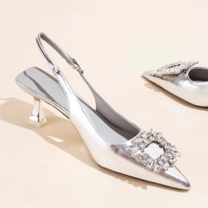 Dress Shoe Pointed - ฤดูร้อนผู้หญิงรองเท้าแตะรองเท้าผู้หญิงใหม่ Pointed Toe Shallow Nude สีชมพูเพชรรองเท้าส้นกลับ